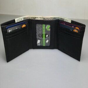 Men's Genuine Leather RFID Blocking Trifold Black Wallet NEW in Box